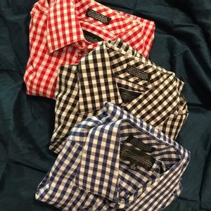 3 men dress shirts gingham blue red black